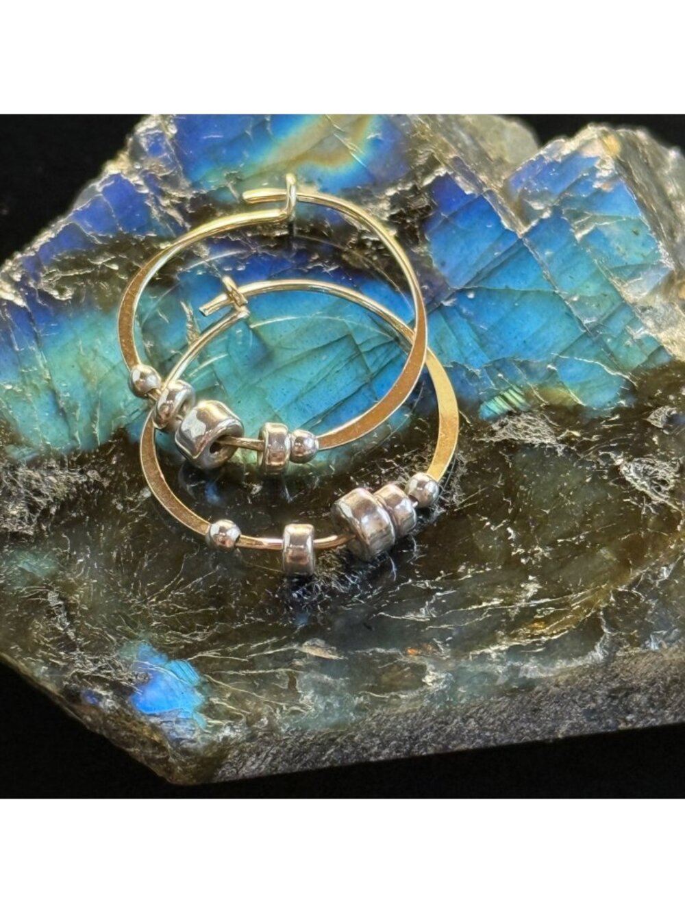 Solid 2-Tone Gold Hoop Earrings 9K Yellow Gold 10K White Gold Sliding Beads 0.9g
